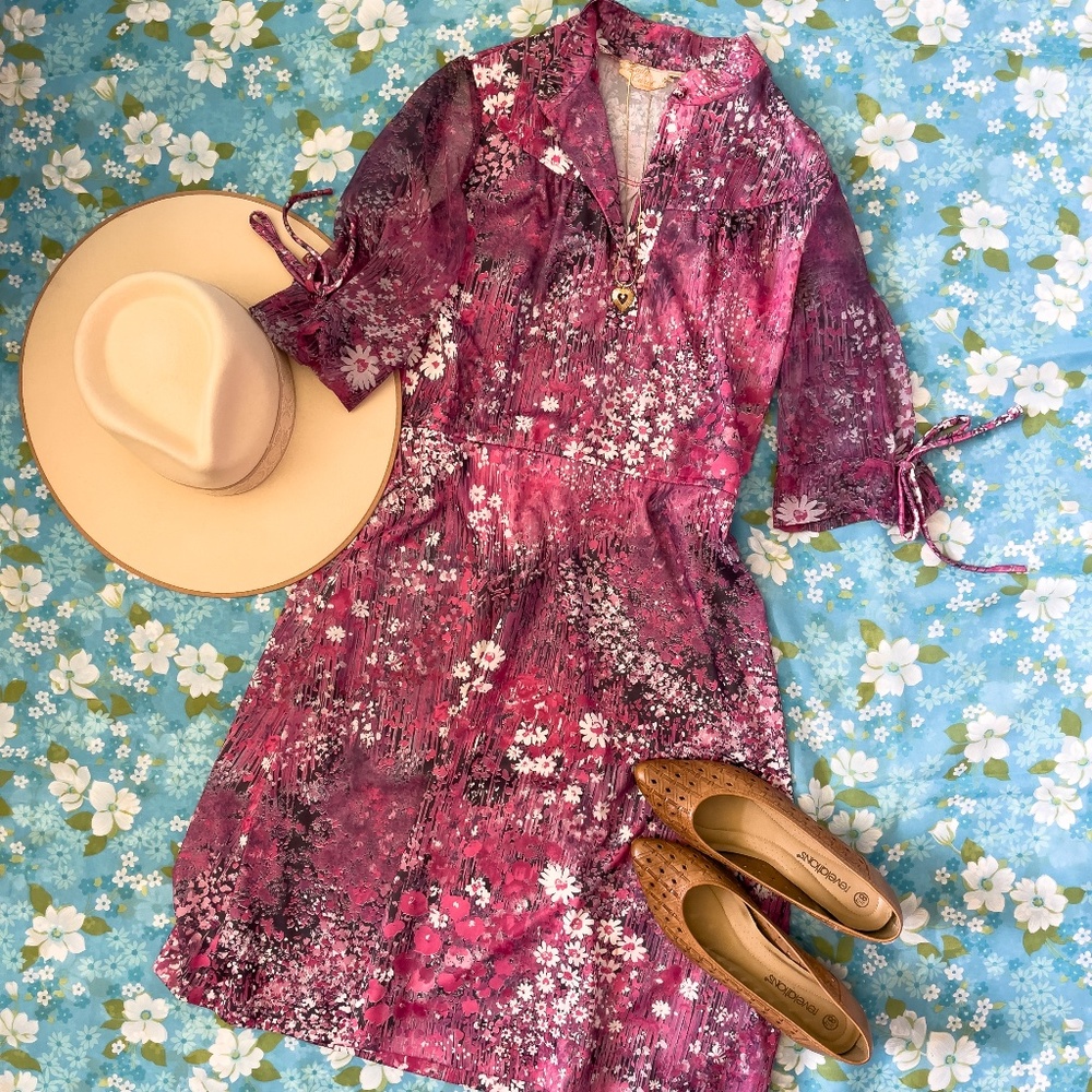 70s Pink Wildflower Secretary Dress w/ Chiffon Elbow Sleeves